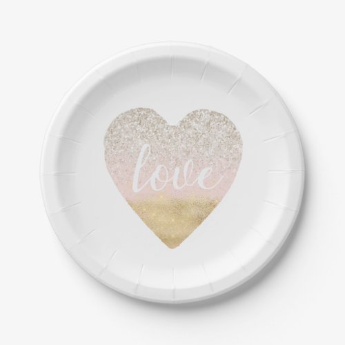 Girly Gold Blush Pink Love Heart Paper Plates