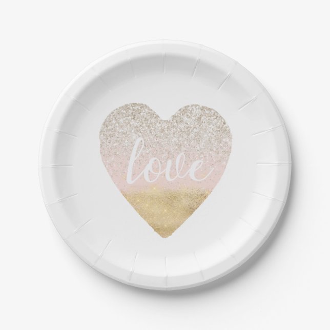 Girly Gold Blush Pink Love Heart Paper Plates (Front)