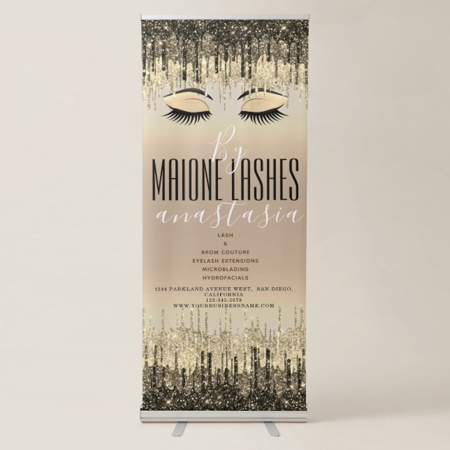 Girly Gold Brown Double Double Drips Lashes Salon Retractable Banner (Front)