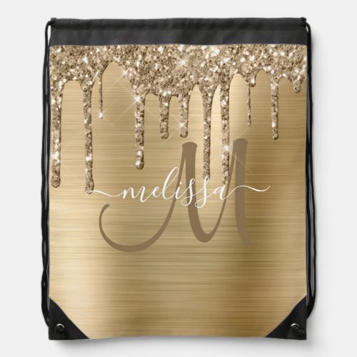 Girly Gold Brushed Metal Dripping Glitter Name Drawstring Bag