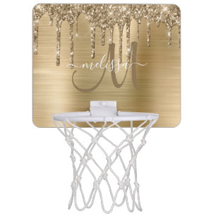 Girly Gold Brushed Metal Dripping Glitter Name Mini Basketball Hoop