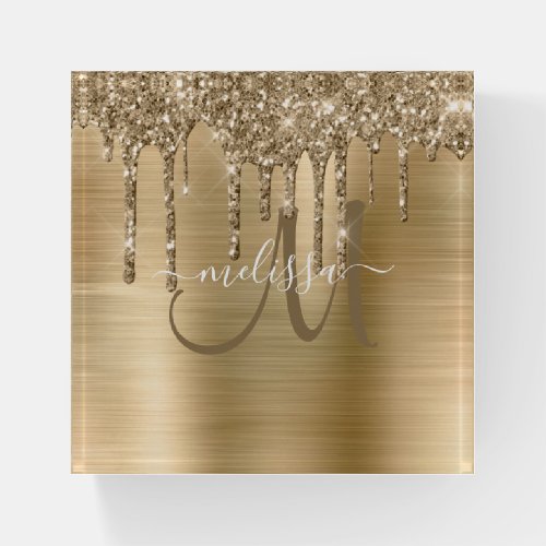 Girly Gold Brushed Metal Dripping Glitter Name Paperweight