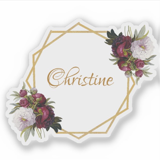 Girly Gold Burgundy Peonies Name Floral Geometric Sticker (Front)