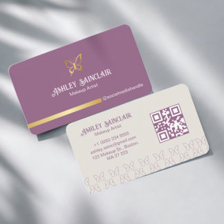 Girly Gold Butterfly Purple Makeup Artist QR Code Business Card