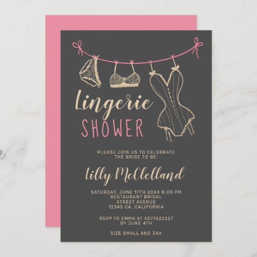 Girly gold clothesline chic lingerie bridal shower invitation