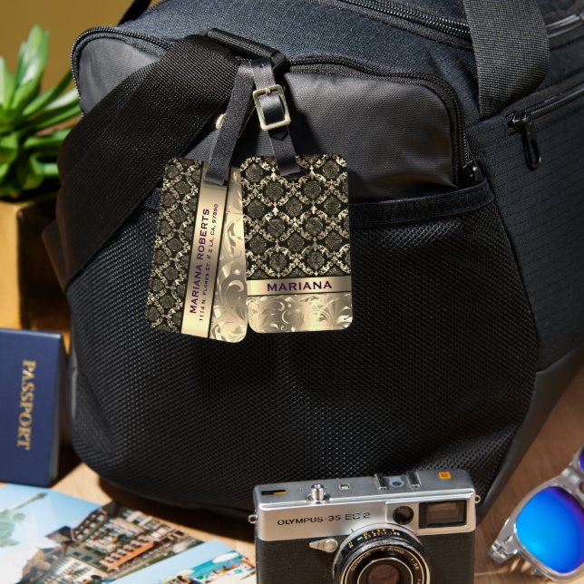 Girly Gold Damasks & Metallic Swirls Luggage Tag (Front & Back)