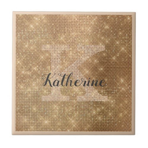 Girly Gold Diamond Sparkle Glam Chic Monogram Name Ceramic Tile