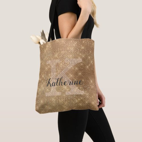 Girly Gold Diamond Sparkle Glam Chic Monogram Name Tote Bag