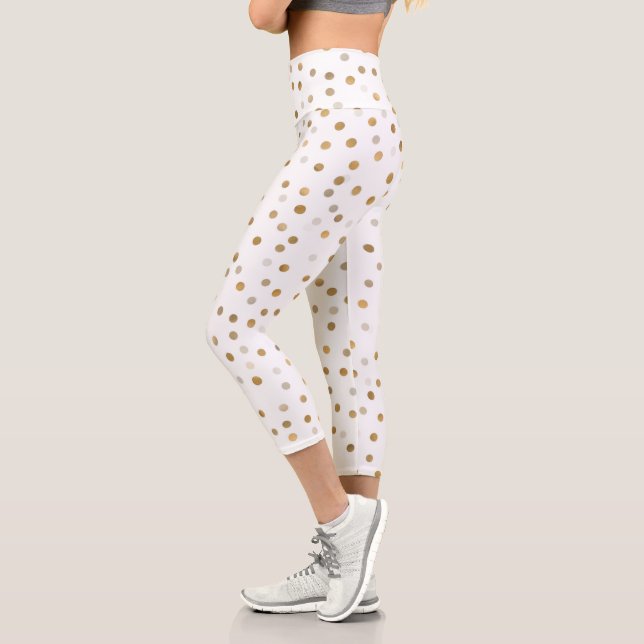 Girly Gold Dots Confetti White Design Capri Leggings (Left)