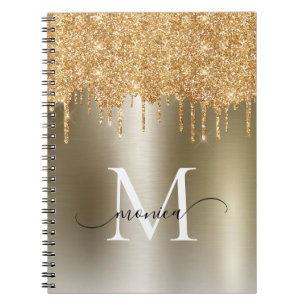 Girly Gold Dripping Glitter Monogram Name Notebook