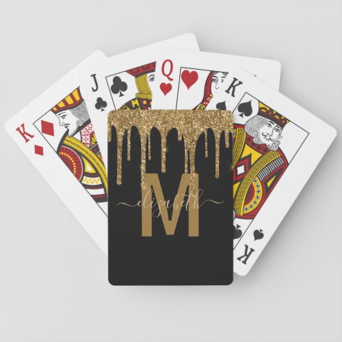 Girly Gold Dripping Glitter Monogram Name Poker Cards
