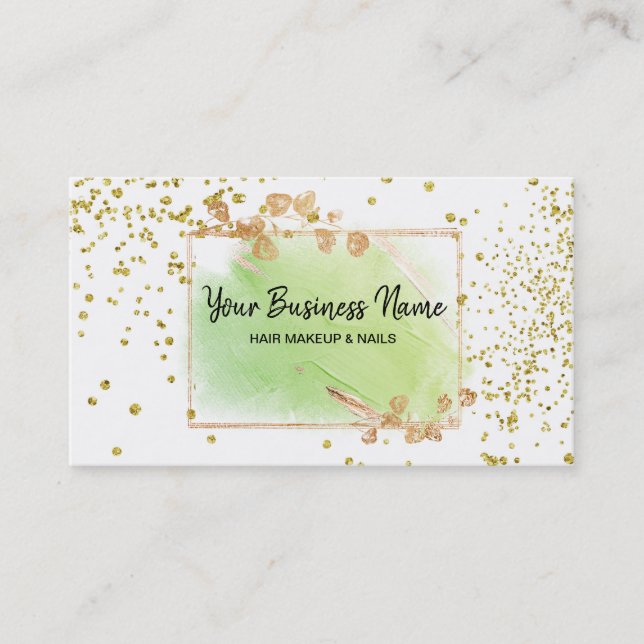 *~* Girly Gold Floral Frame Lime Green White Business Card (Front)