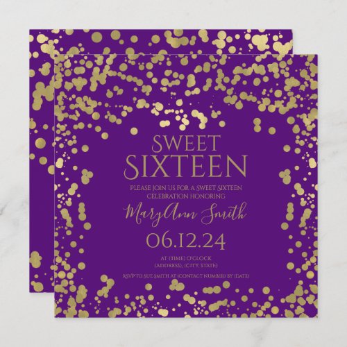 Girly Gold Foil Confetti Sweet 16 Invite Purple