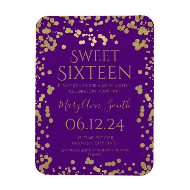 Girly Gold Foil Confetti Sweet 16 Invite Purple Magnet (Vertical)