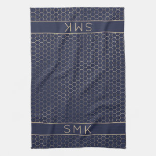 Girly Gold Foil Navy Blue Geometric Monogram Kitchen Towel