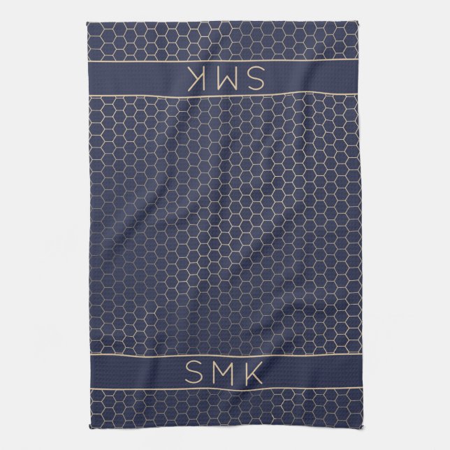 Girly Gold Foil Navy Blue Geometric Monogram Kitchen Towel (Vertical)