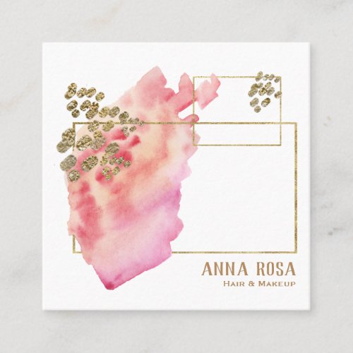 *~* Girly Gold Geometric Peach Pink &amp;  Watercolor Square Business Card