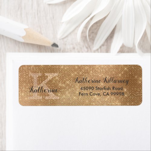 Girly Gold Glam Diamond Monogram Return Address Label