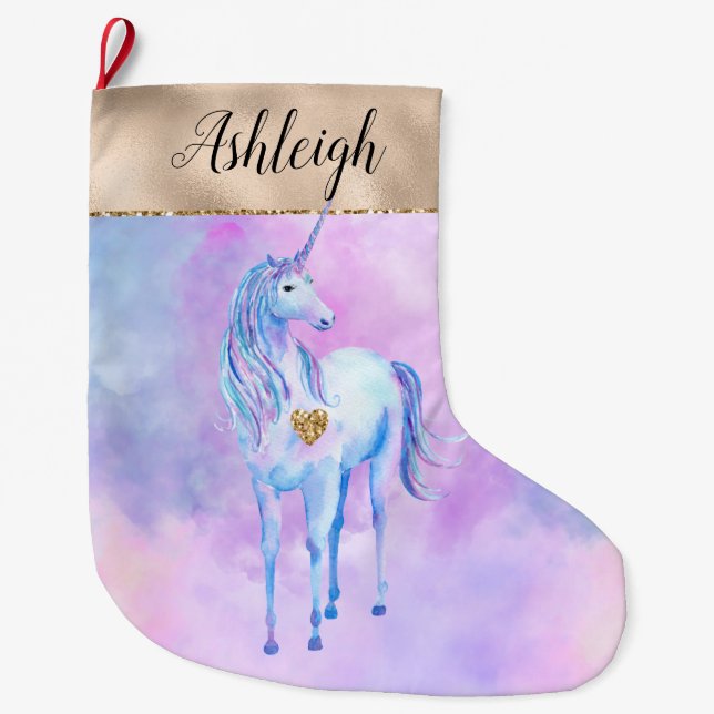 Girly Gold Glam Purple Unicorn Watercolor Name Large Christmas Stocking (Front)
