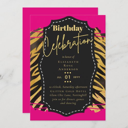 Girly Gold Glitter Animal Print Birthday ANY Age Invitation