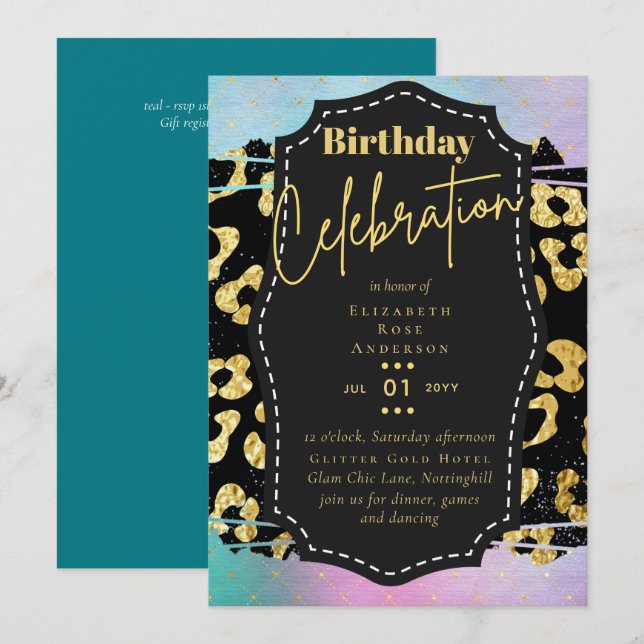 Girly Gold Glitter Animal Print Birthday ANY Age Invitation (Front/Back)
