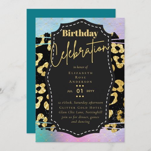 Girly Gold Glitter Animal Print Birthday ANY Age Invitation