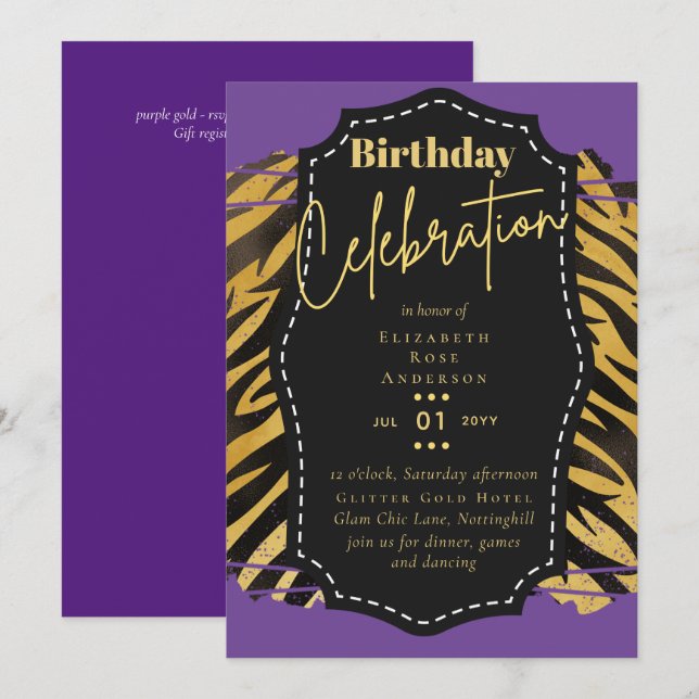 Girly Gold Glitter Animal Print Birthday ANY Age Invitation (Front/Back)