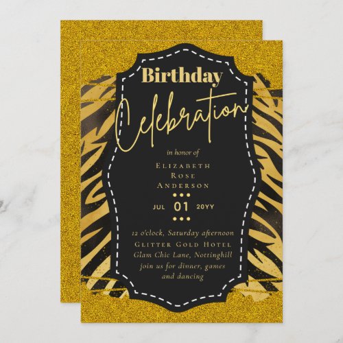 Girly Gold Glitter Animal Print Birthday ANY Age Invitation