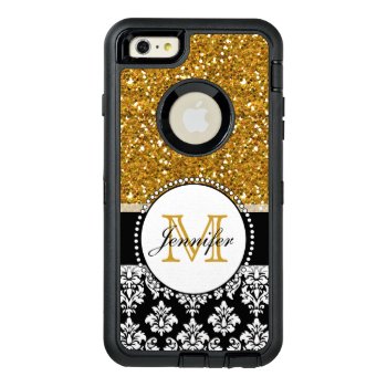 Girly Gold Glitter Black Damask Personalized Otterbox Defender Iphone Case by DamaskGallery at Zazzle