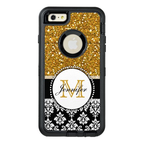 Girly Gold Glitter Black Damask Personalized OtterBox Defender iPhone Case