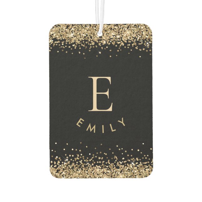 Girly Gold Glitter Black Monogram Name Initial Air Freshener (Back)