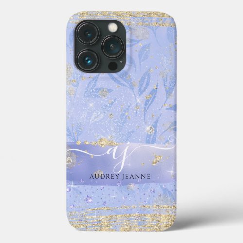 Girly Gold Glitter Blue Jewel Foliage Script Name iPhone 13 Pro Case