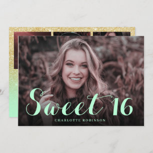 Girly gold glitter chic mint 4 photo sweet 16 invitation