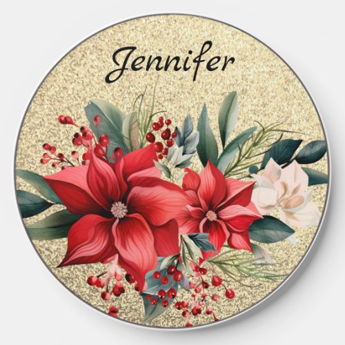Girly Gold Glitter Christmas Floral Design Wireless Charger