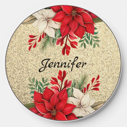 Girly Gold Glitter Christmas Floral Design Wireless Charger