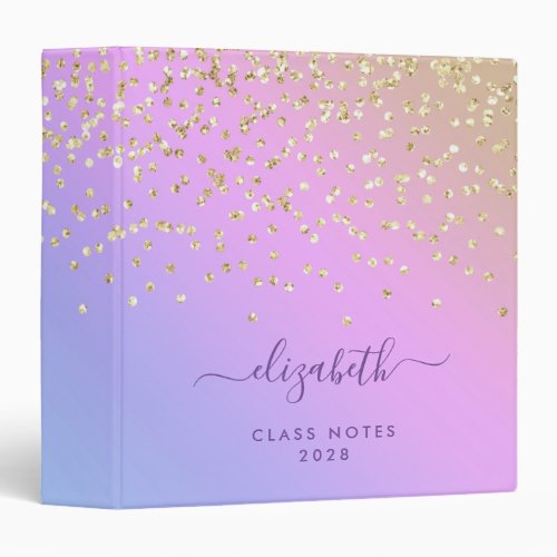 Girly Gold Glitter Confetti Personalized Rainbow 3 Ring Binder