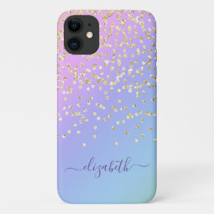 Girly Gold Glitter Confetti Personalized Rainbow iPhone 11 Case