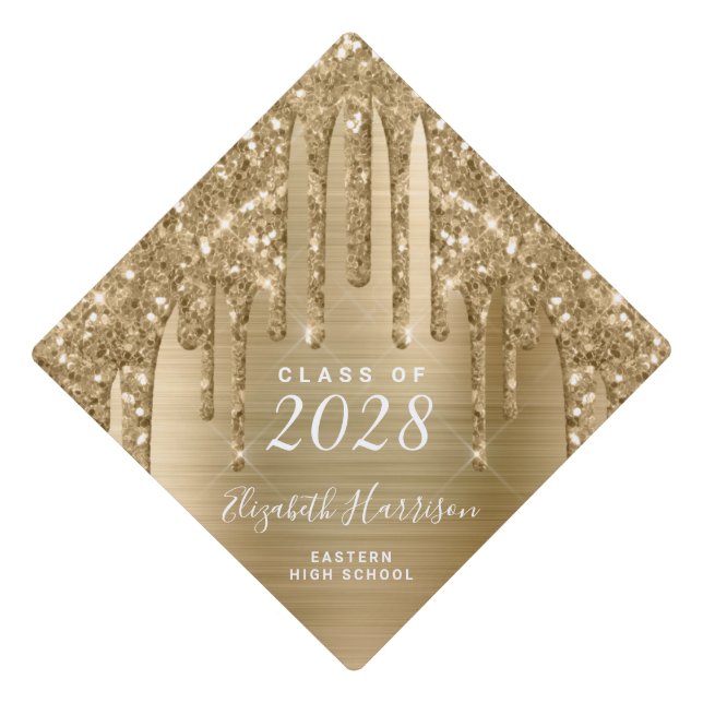 Girly Gold Glitter Custom Graduation Cap Topper (Front)