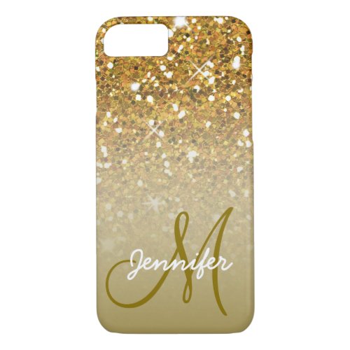 Girly Gold Glitter Custom Monogram Name Ombre iPhone 8/7 Case