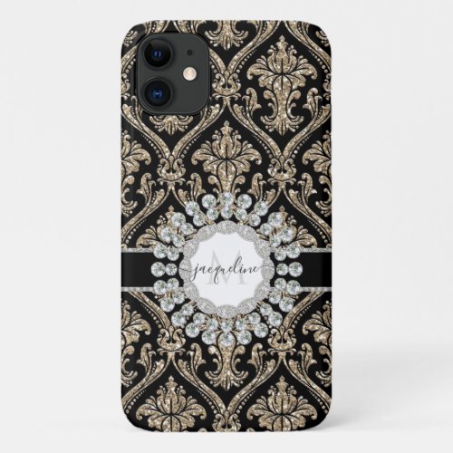 Girly Gold Glitter Diamond Black Damask Monogram iPhone 11 Case