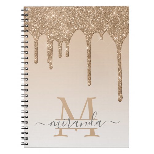 Girly Gold Glitter Drips Ombre Monogram Notebook