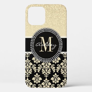 Girly Gold Glitter Glam Luxe Damask Monogram  Iphone 12 Pro Case by DamaskGallery at Zazzle