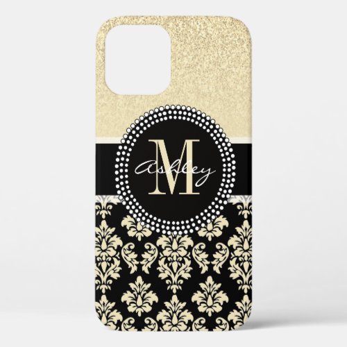 Girly Gold Glitter Glam Luxe Damask Monogram  iPhone 12 Pro Case