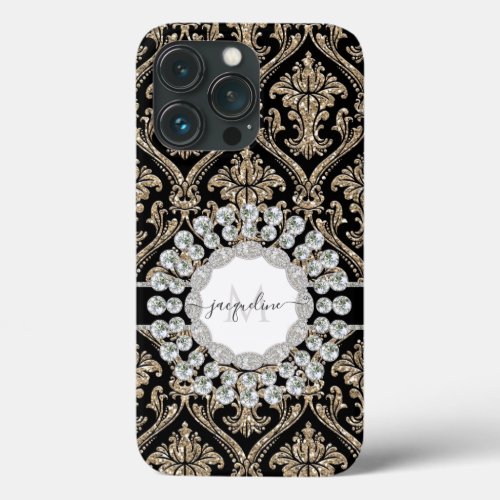 Girly Gold Glitter Jewels w Black Damask Monogram iPhone 13 Pro Case