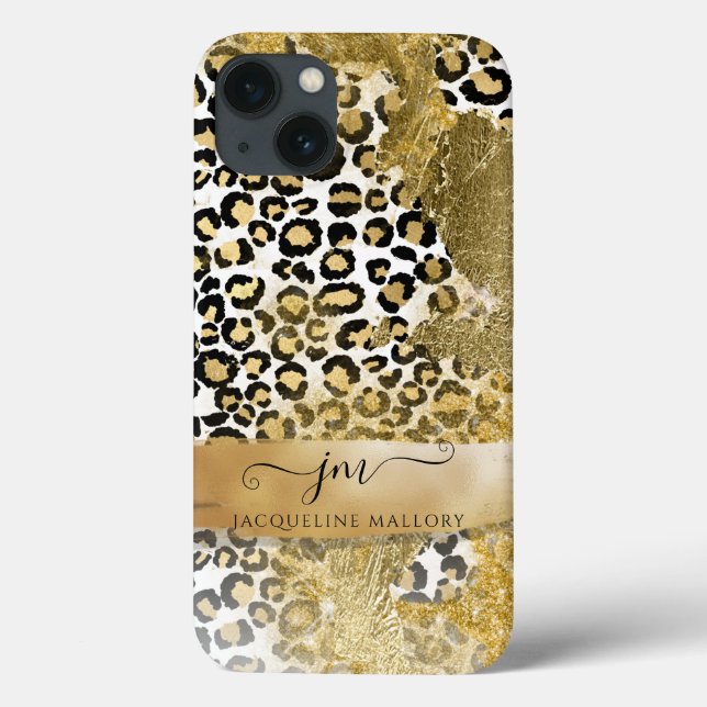 Girly Gold Glitter Leopard Print Pattern Monogram Case-Mate iPhone Case (Back)