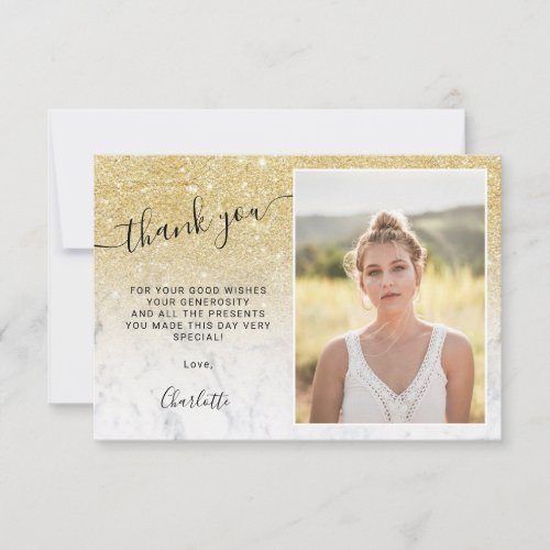 Girly  gold glitter marble ombre 3 photos Sweet 16 Thank You Card