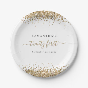 Girly Gold Glitter Name Date Twenty First Party Paper Plates