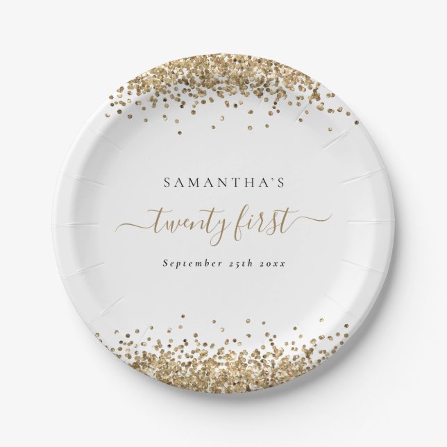 Girly Gold Glitter Name Date Twenty First Party Paper Plates (Front)