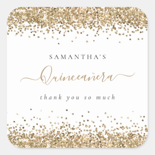 Girly Gold Glitter Name Quinceaera Thank You Square Sticker