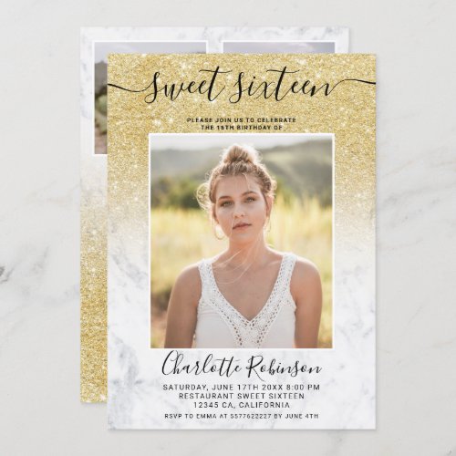 Girly gold glitter ombre marble 3 photos Sweet 16 Invitation